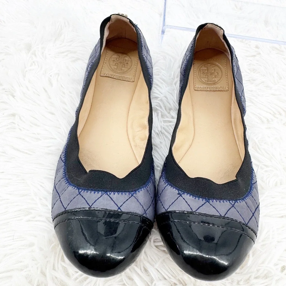 Tory Burch Bridgette Ballet Flats Slate Blue Quilted Patent Cap Toe Size 9M